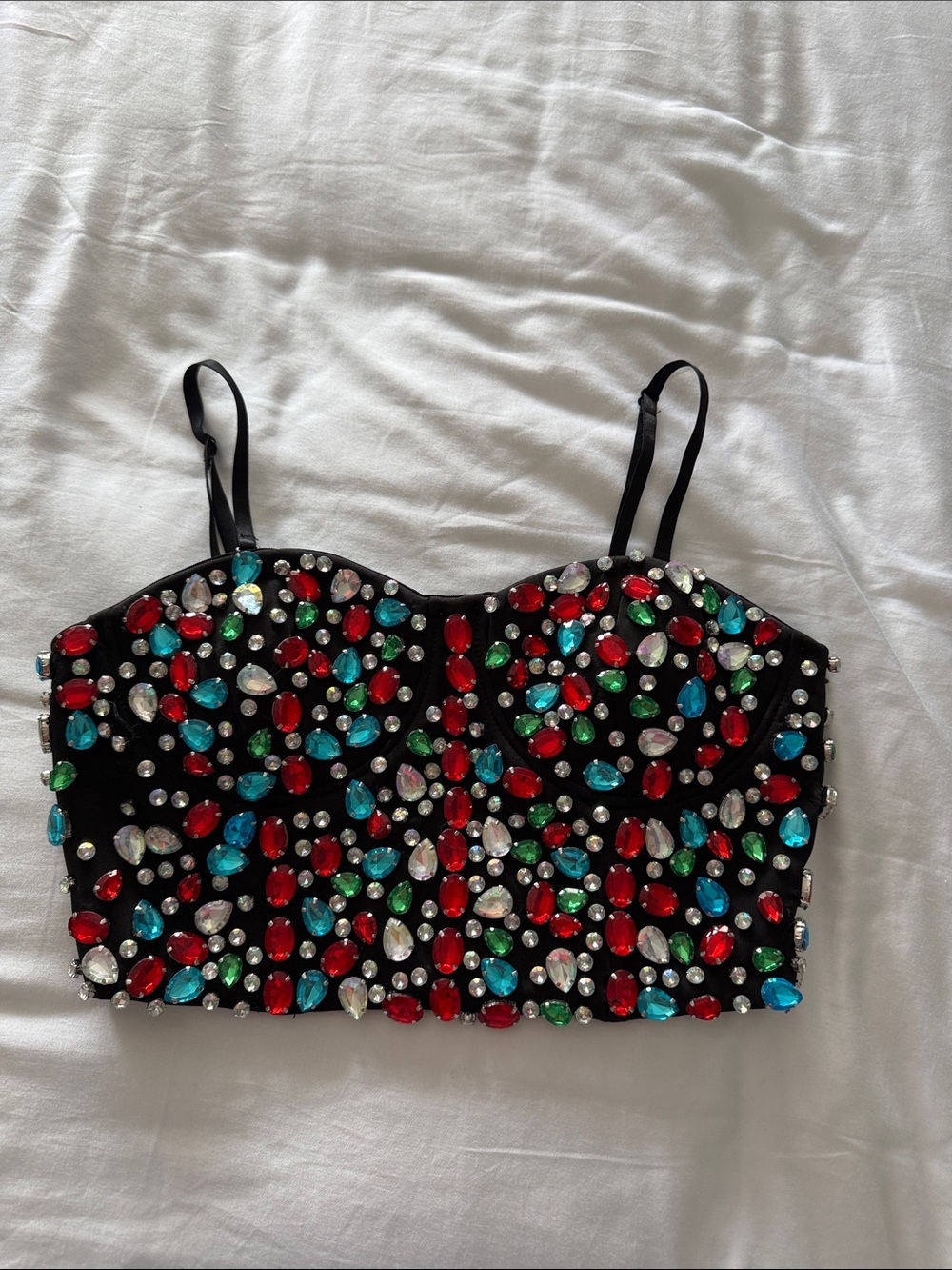 AKIRA Black Jeweled Crop Top - Red, Teal, Green & Clear